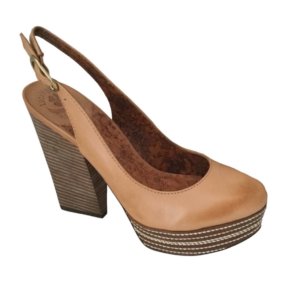 New LUCKY BRAND Size 7.5 “Rory” Tan Leather Slingback Platform Heels Nude Brown